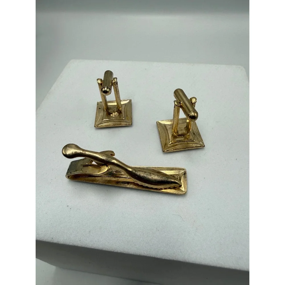 Vintage Gold Tone Cufflinks and Tie Clip Set Square Tan Inlay Mid Century Modern